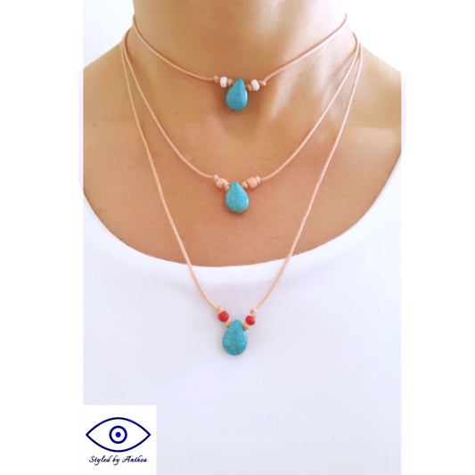 Adjustable Tan necklace - Turquoise teardrop