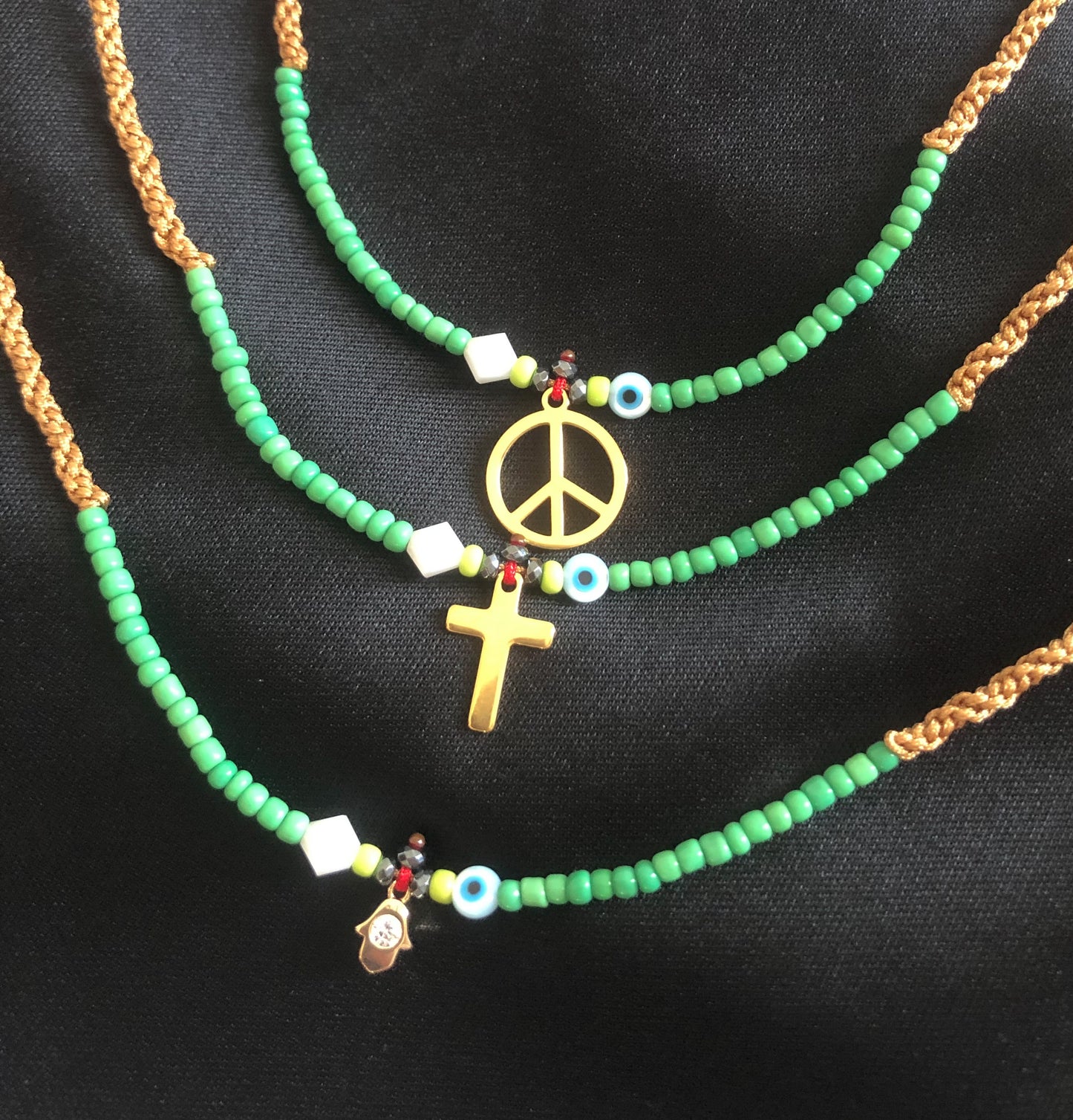 Adjustable Tan Necklace - PRASINO Peace/ Crucifix/ Hamsa Hand