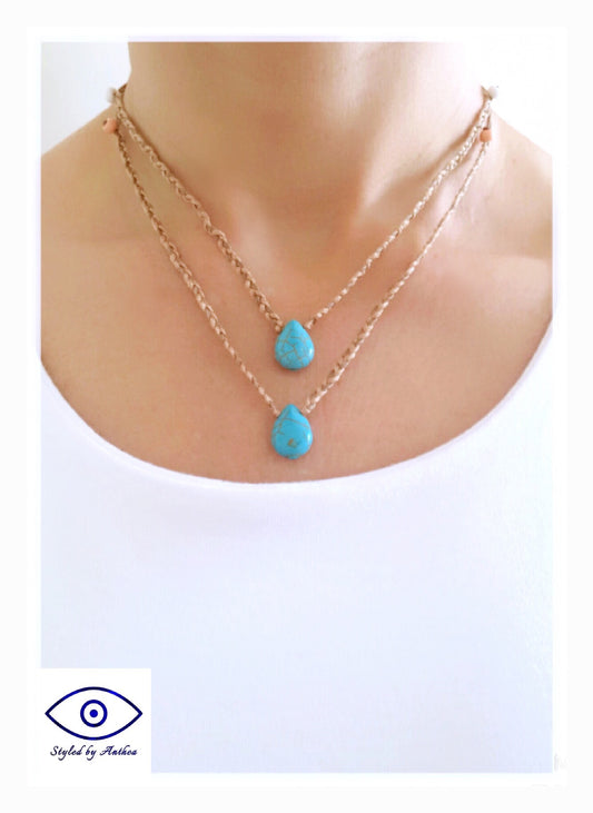 Adjustable Tan Necklace - Turquoise Teardrop With White or Peach Beading