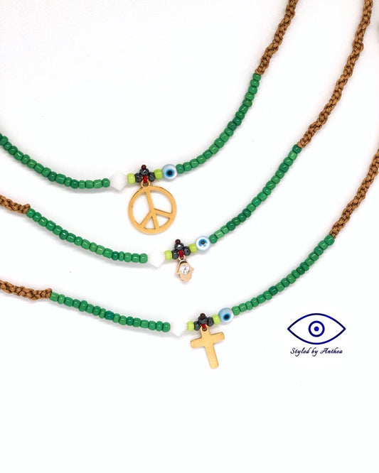 Adjustable Tan Necklace - PRASINO Peace/ Crucifix/ Hamsa Hand