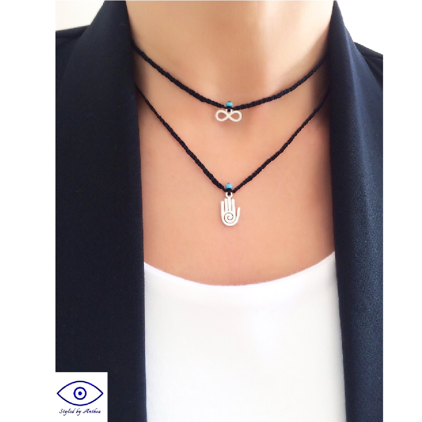 Adjustable Black Necklace- Infinity or Hamsa Hand